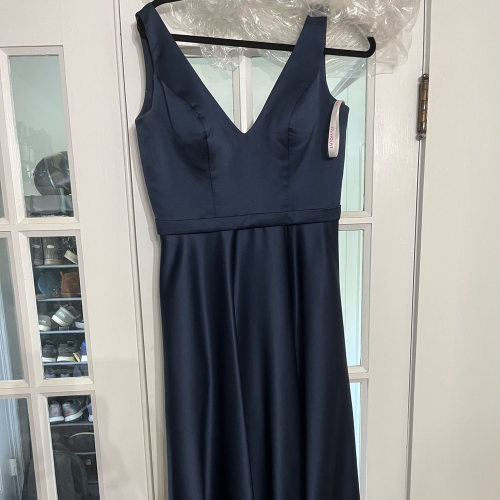 A-line V-Neck Floor-Length Satin navy blue Bridesmaid Dress with pockets.